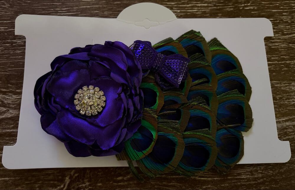 Peacock Feather Hair Clip with Purple Flower